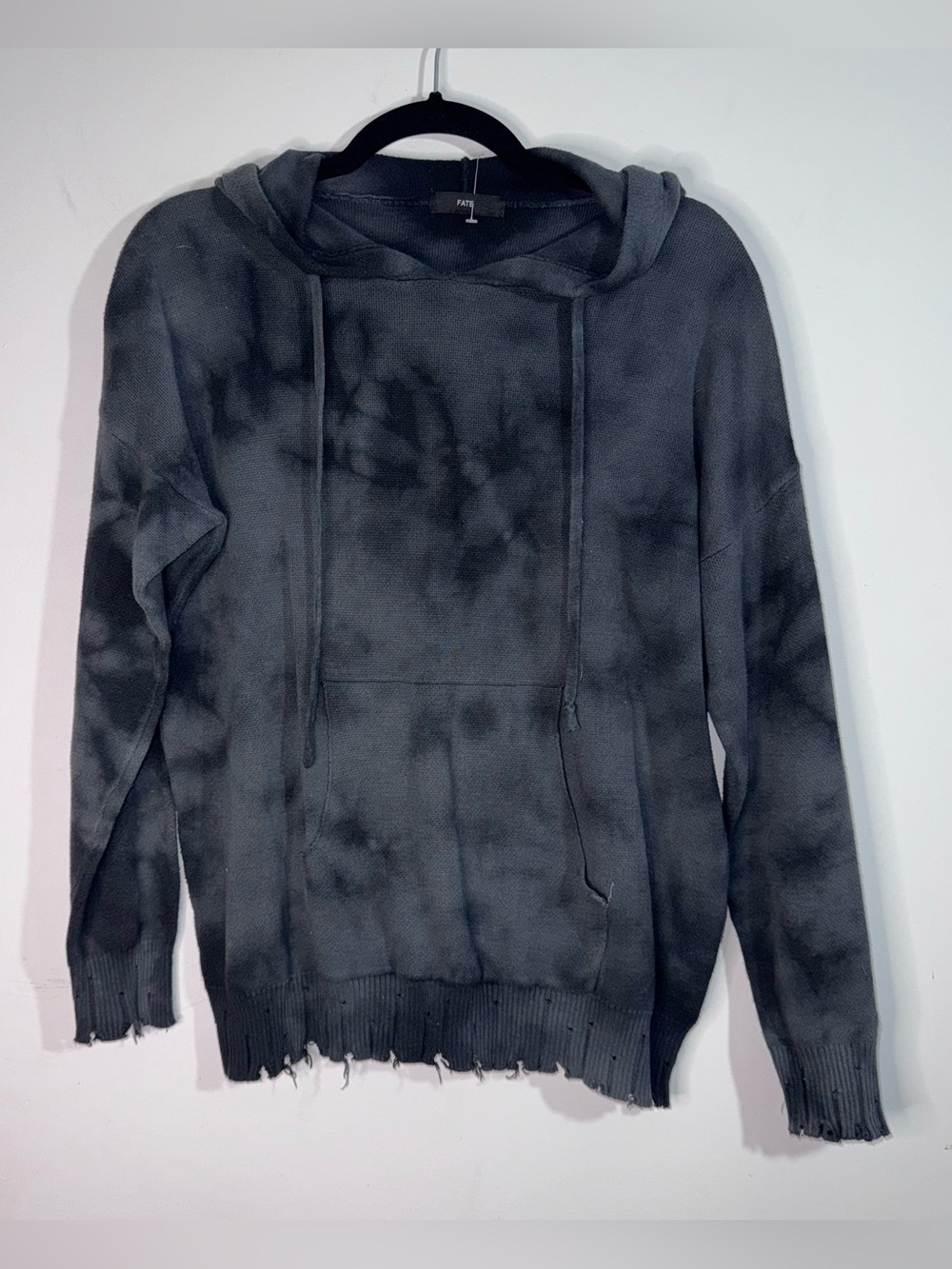 FATE Gray Black Tie Dye Distressed Hoodie Sweater Size L 100% Cotton